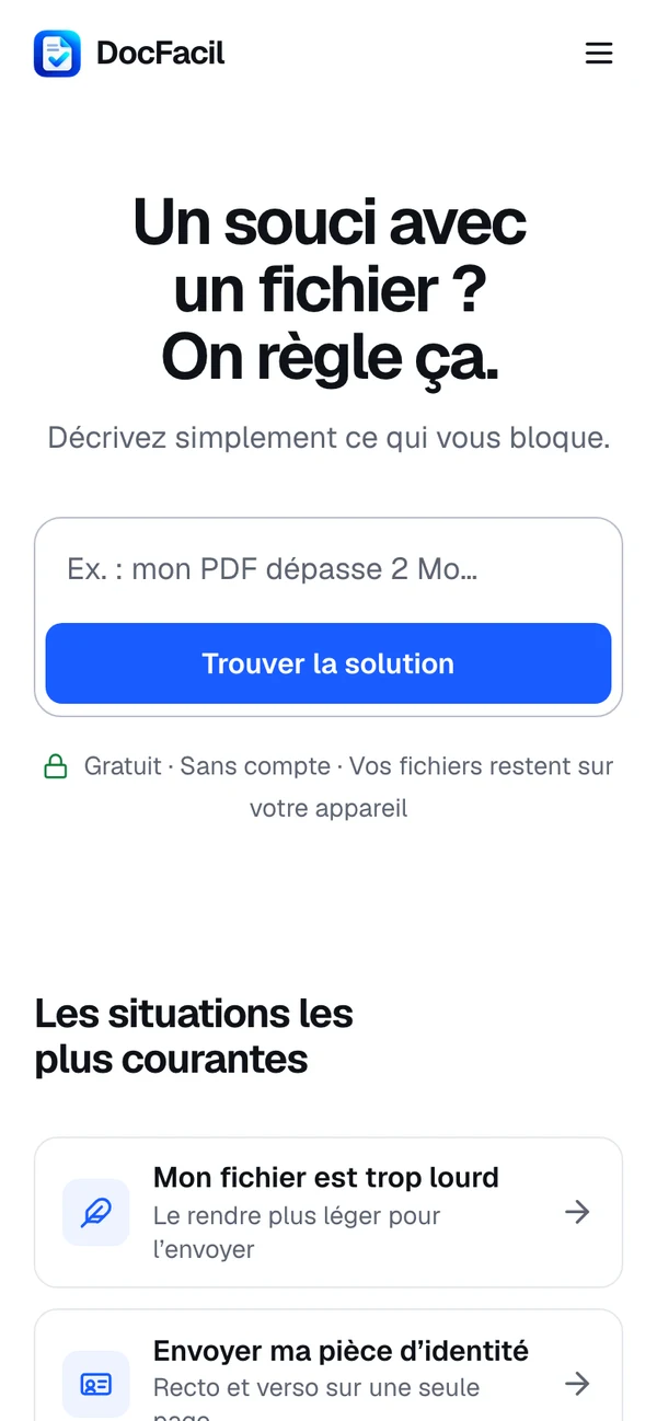 DocFacil sur téléphone : champ de recherche du problème et situations les plus courantes.