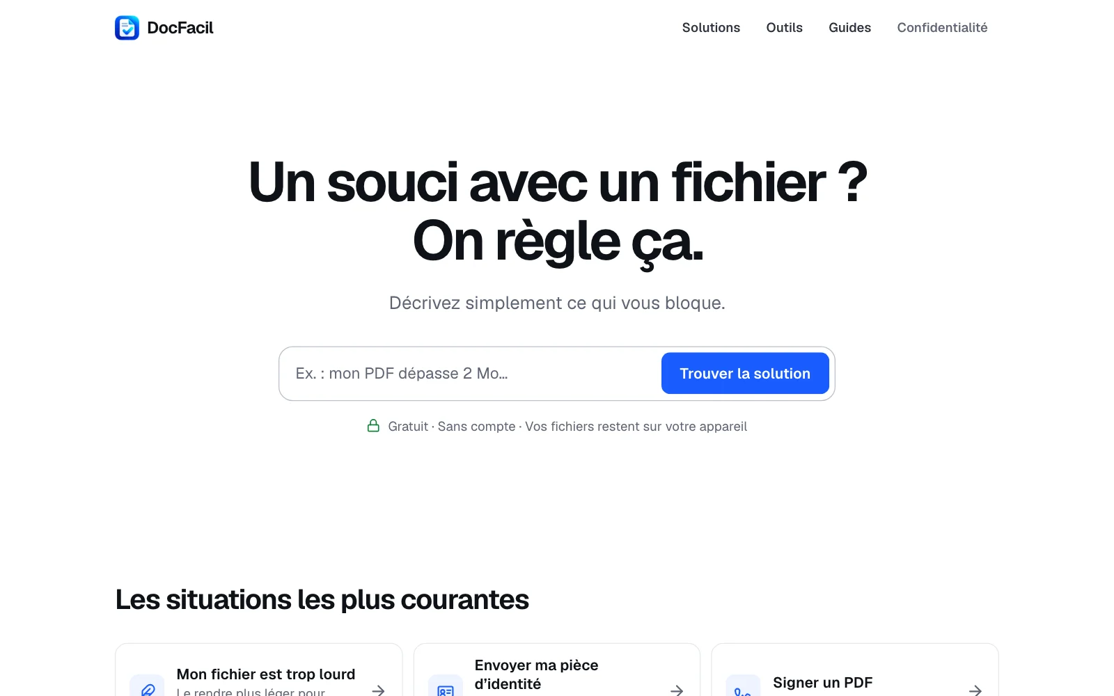 Page d’accueil de DocFacil : « Un souci avec un fichier ? On règle ça. », avec un champ de recherche et les situations courantes.