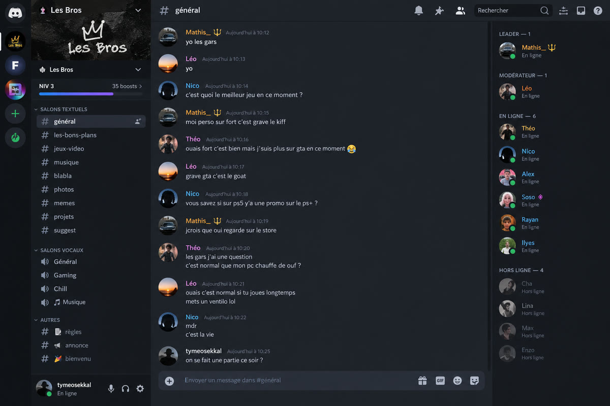Exemple de serveur Discord communautaire, avec ses salons et ses membres, comme ceux que créait Tyméo SEKKAL