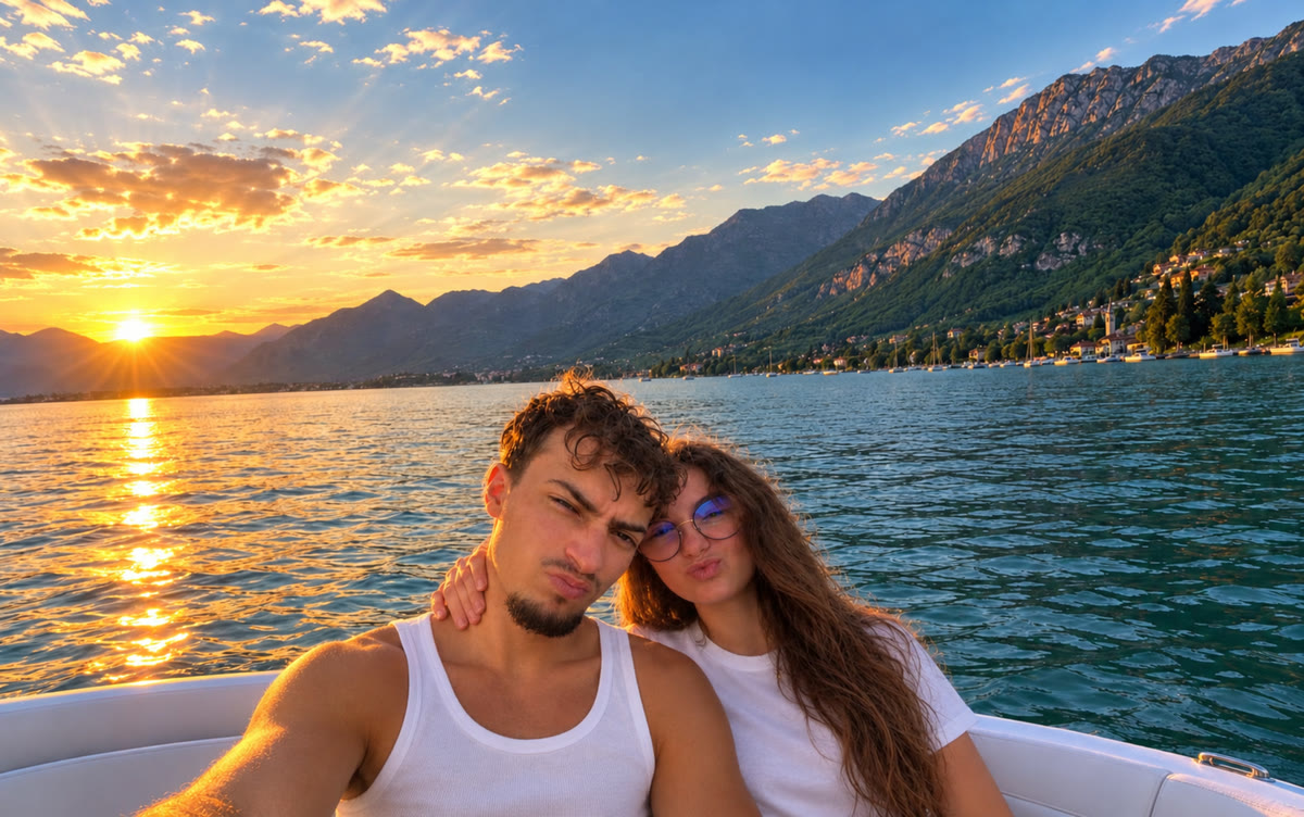 Tyméo SEKKAL et sa copine Wendy en bateau sur un lac, devant les montagnes au coucher du soleil