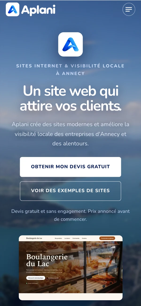 Le site Aplani sur téléphone : titre, boutons de devis et premier exemple de site.
