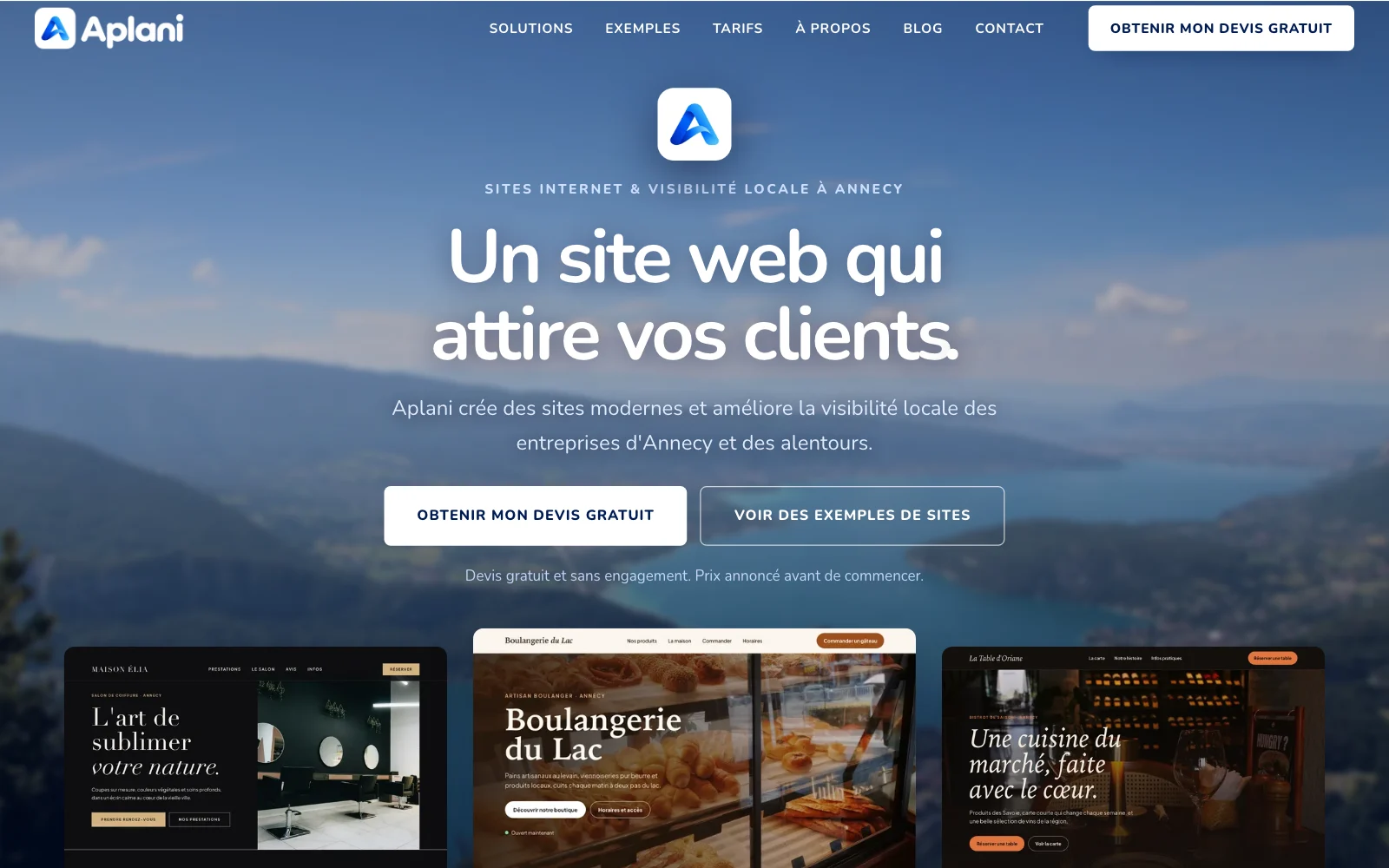 Page d’accueil du site Aplani : « Un site web qui attire vos clients », avec trois exemples de sites.